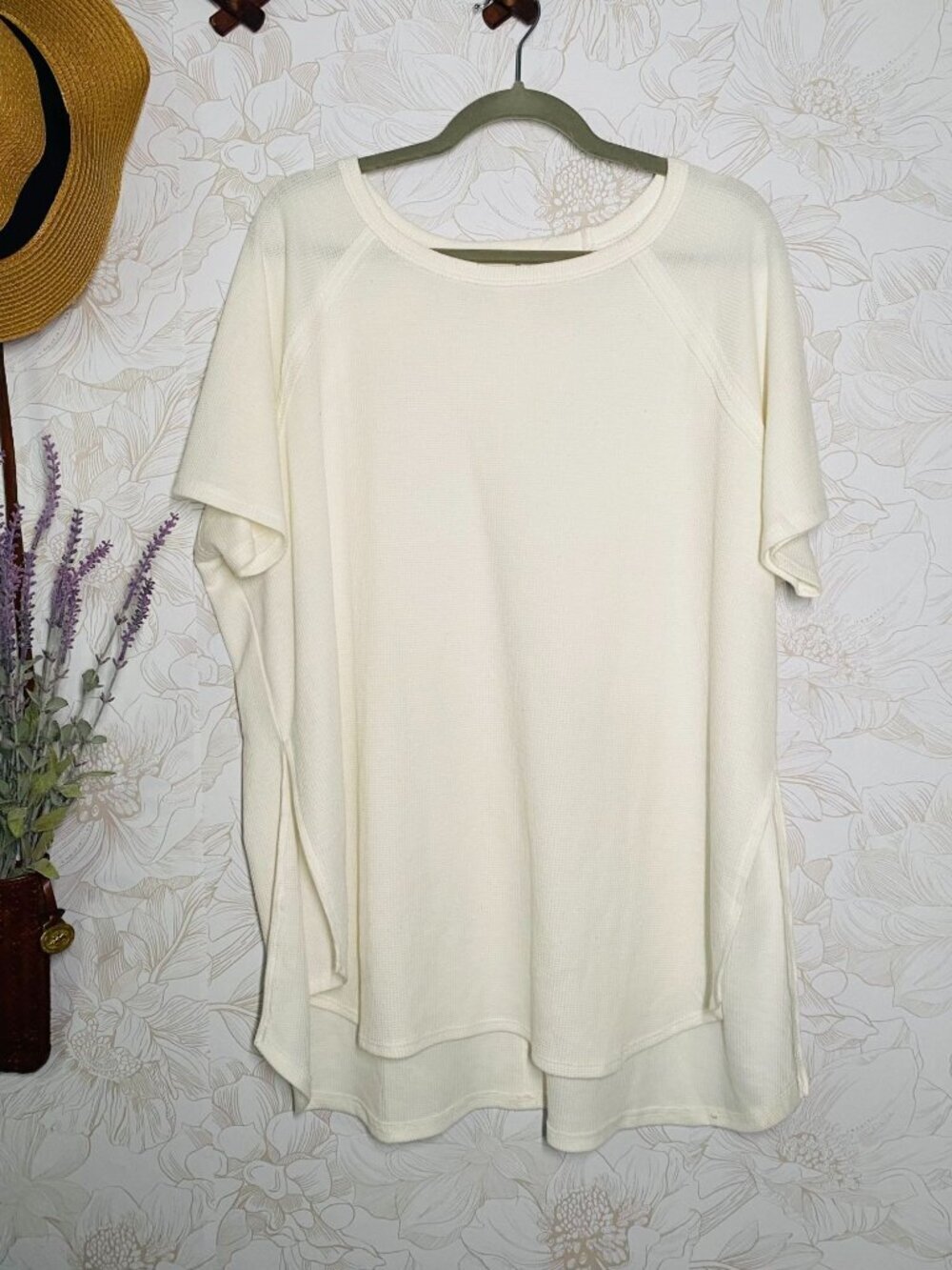 Zenana Womens 3X Ivory Waffle Knit Top With Side Slits & Relaxed Fit